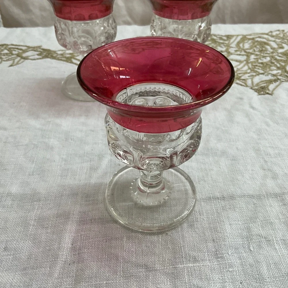 Vintage Cranberry Kings Crown Indiana Glass Cordial Liqueur Glasses Thumbprint 4